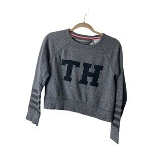 Tommy Hilfiger Womens Cropped Sweatshirt Gray‎ Black Pullover Heathered Crew XS